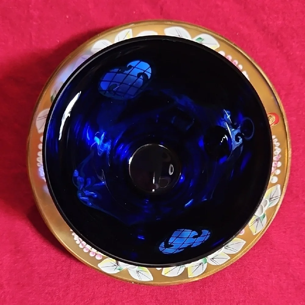 Vintage Bohemian Cobalt Blue Glass Tea Cup & Saucer Set 24K Gold High Enamel